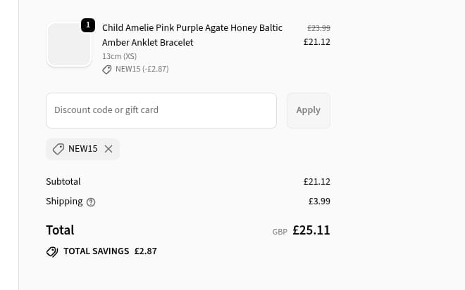 Screenshot of the Love Amber X discount code working