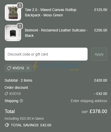 Screenshot of the KOVERED discount code working
