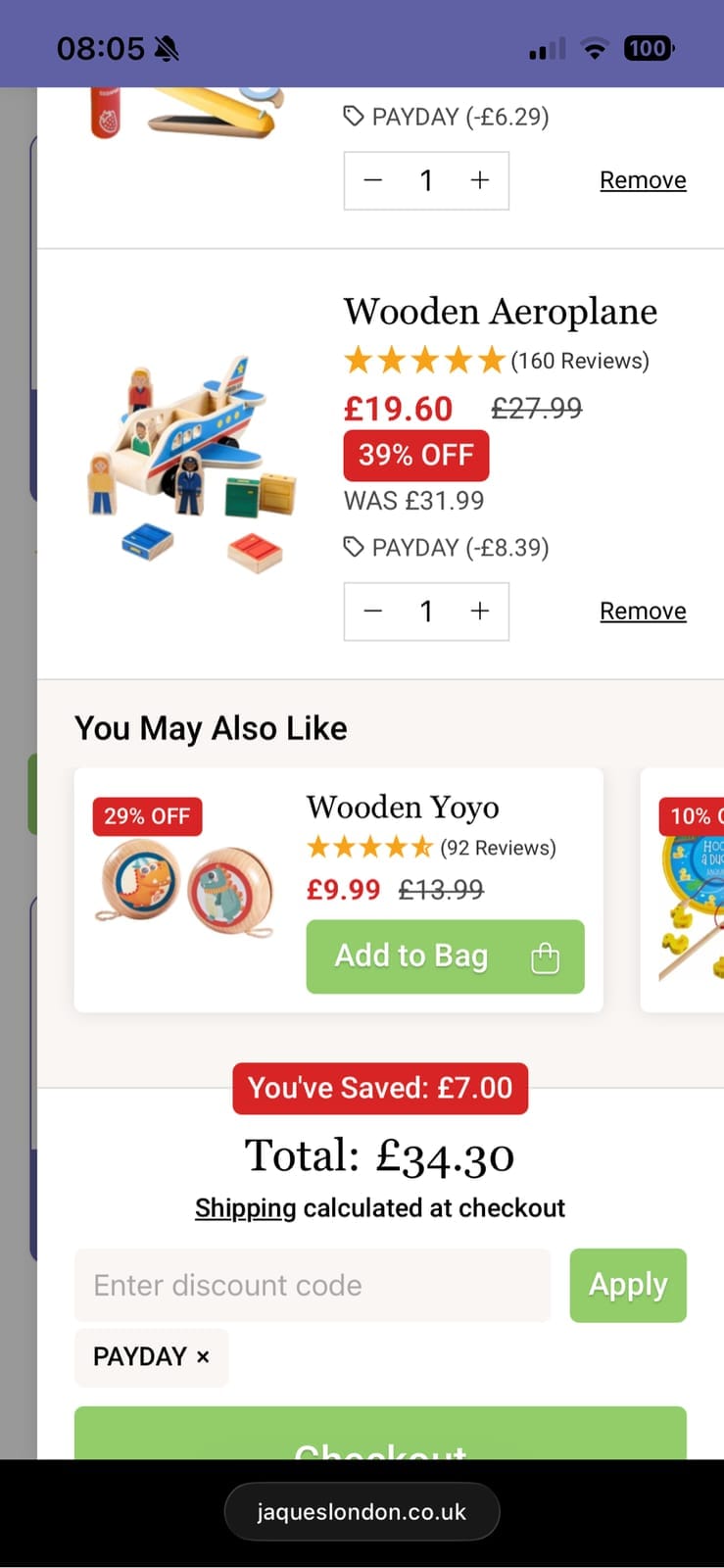 Screenshot of the Jaques London discount code working