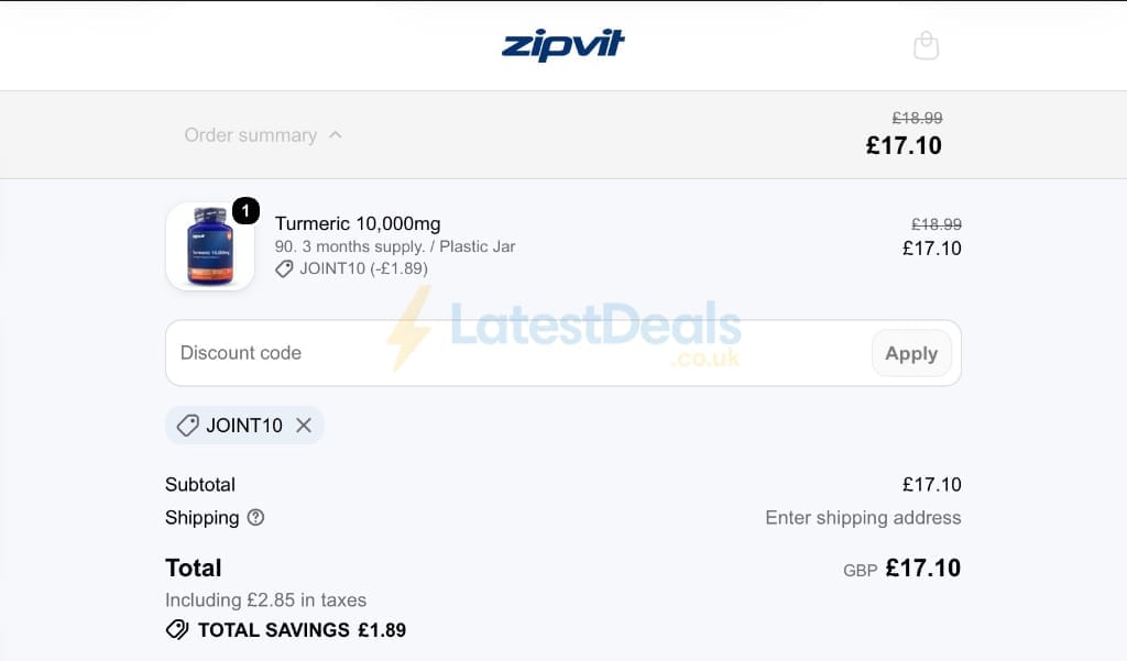 Screenshot of the ZipVit discount code working