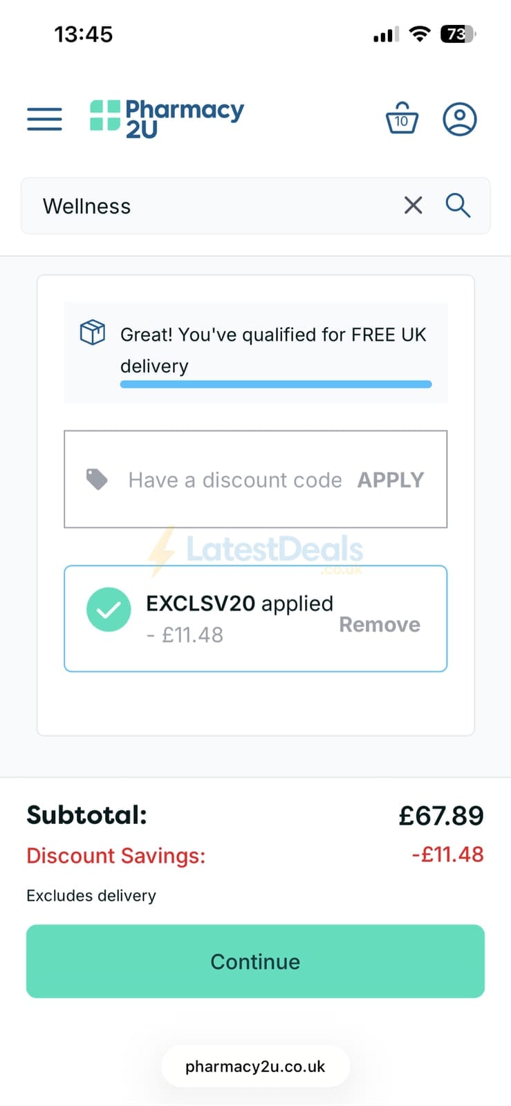 Screenshot of the Pharmacy2U discount code working