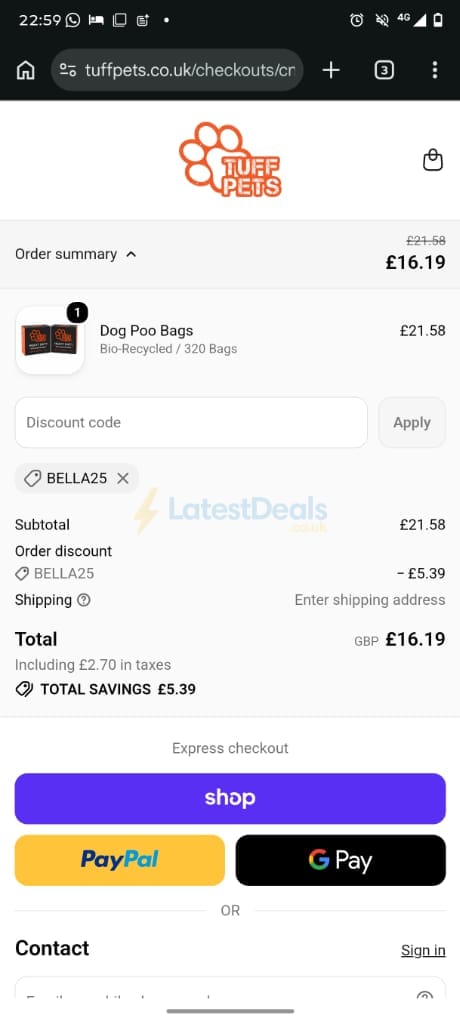 Screenshot of the Tuff Pets discount code working