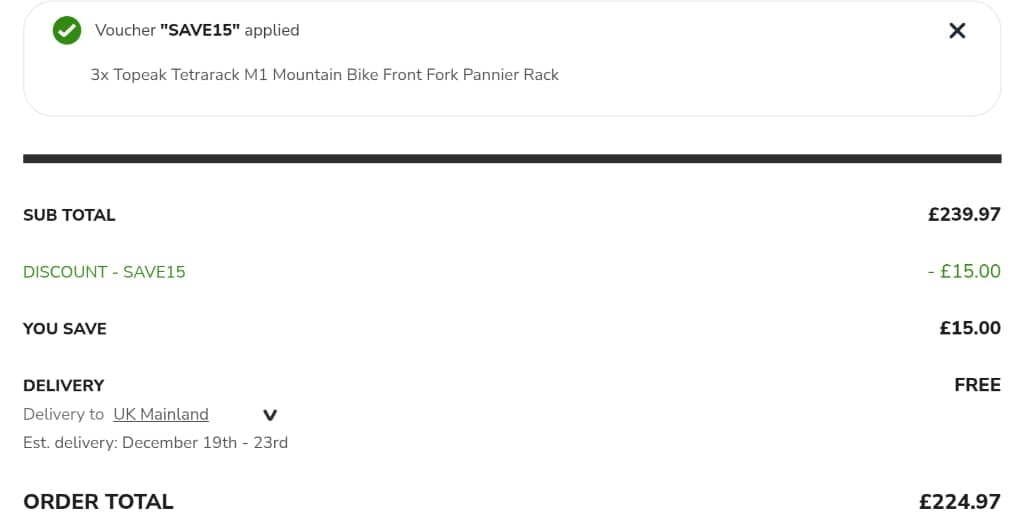 Screenshot of the Tredz Limited discount code working