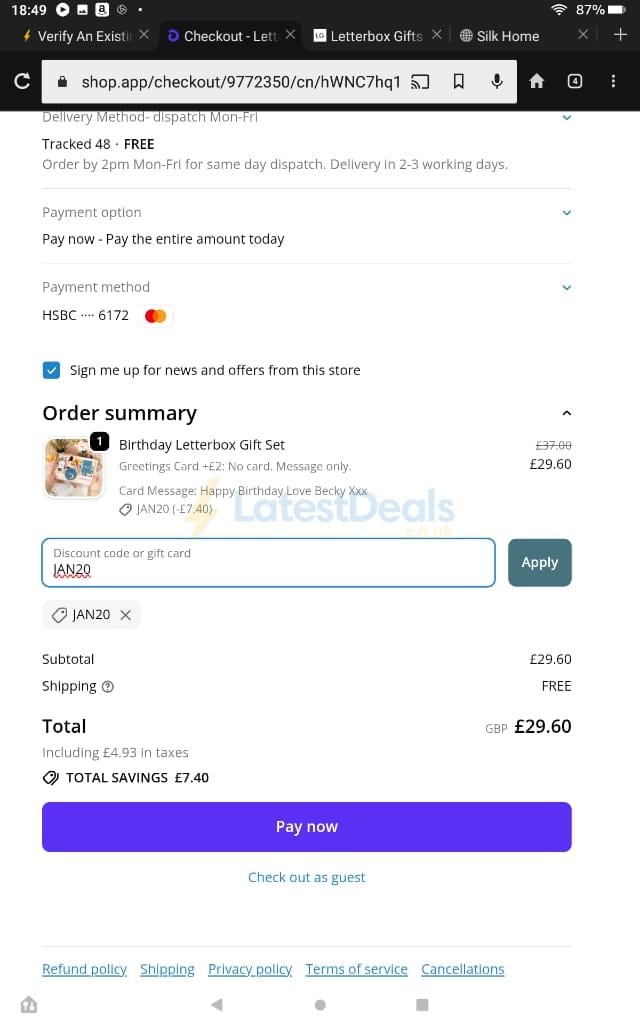 Screenshot of the Letterbox Gifts discount code working