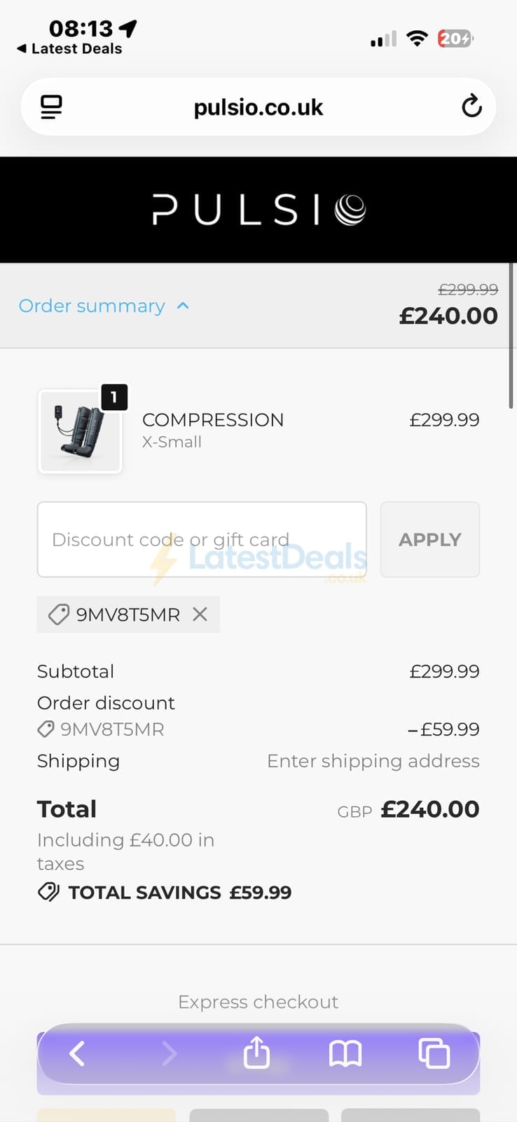 Screenshot of the Pulsio discount code working