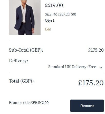 Screenshot of the Hawes & Curtis discount code working