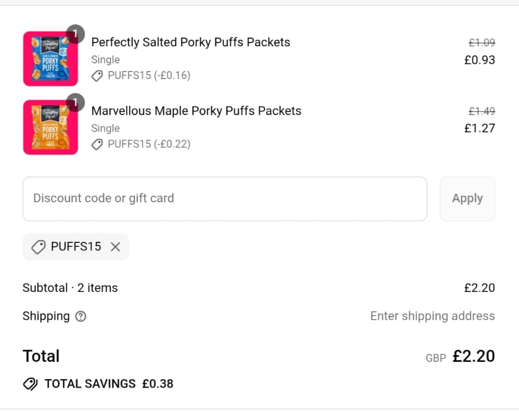 Screenshot of the The Snaffling Pig discount code working