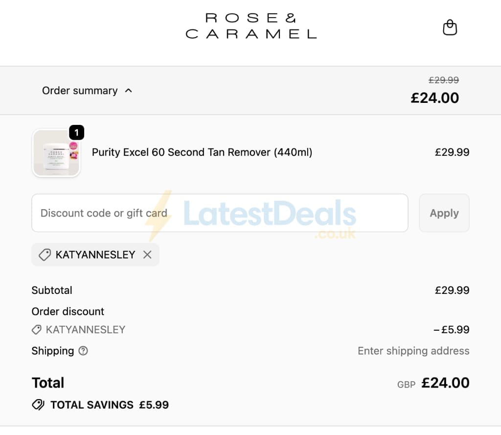 Screenshot of the Rose and Caramel discount code working
