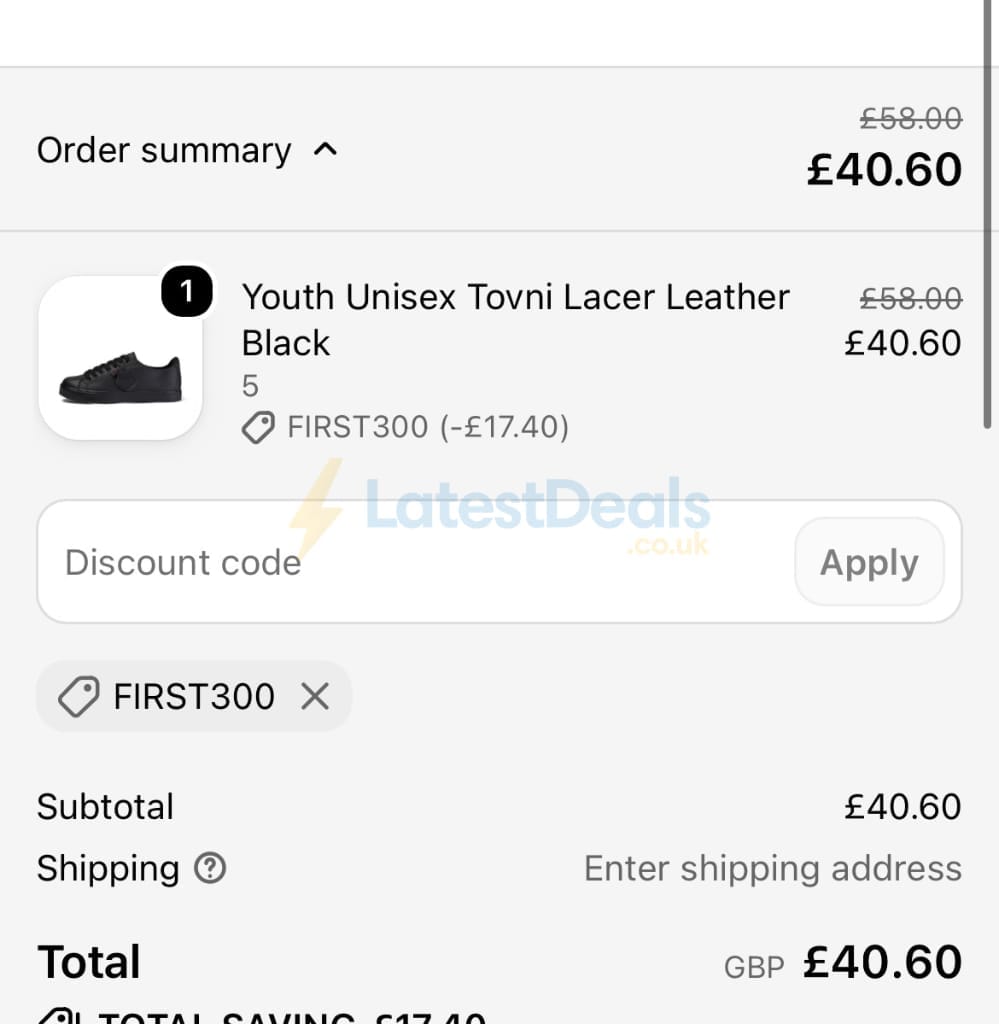 Screenshot of the Kickers discount code working