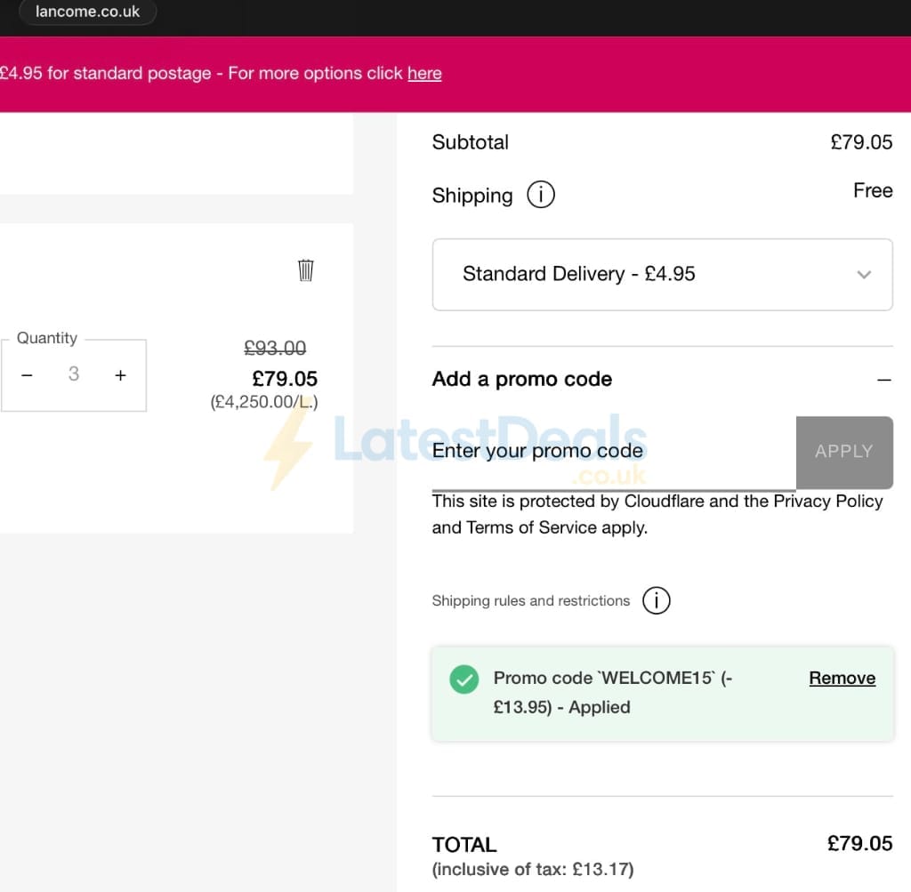 Screenshot of the Lancome discount code working