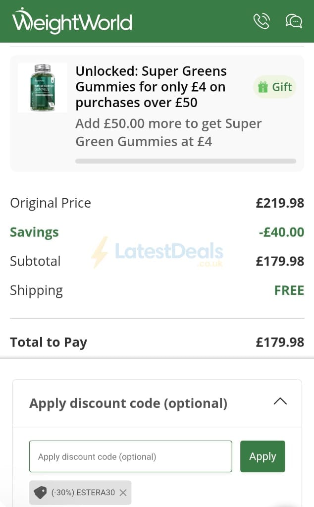 Screenshot of the WeightWorld discount code working