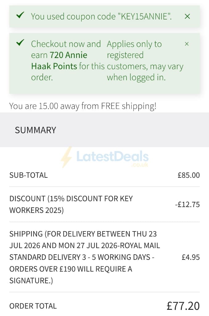 Screenshot of the Annie Haak Designs discount code working