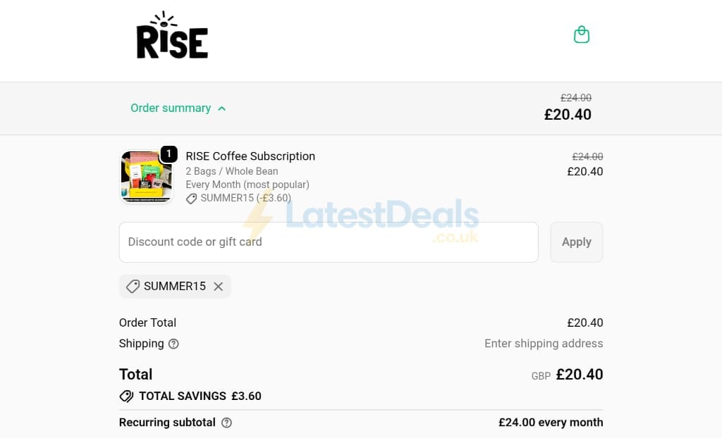 Screenshot of the RISE discount code working