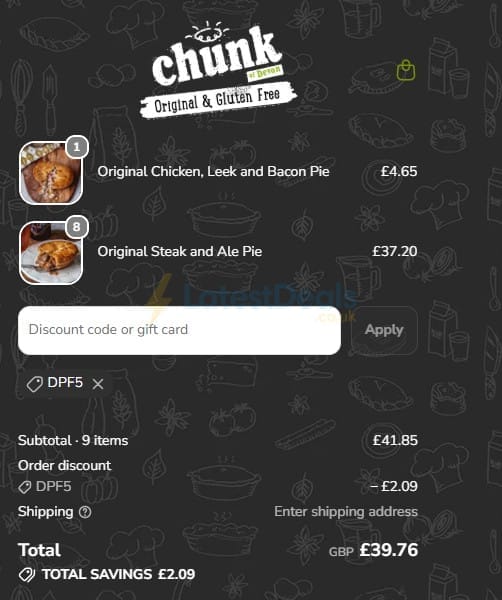 Screenshot of the Chunk Pies & Pasties of Devon discount code working