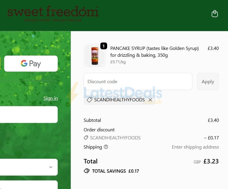 Screenshot of the Sweet Freedom discount code working