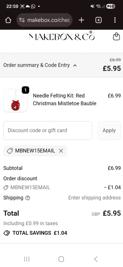 Screenshot of the Makebox discount code working
