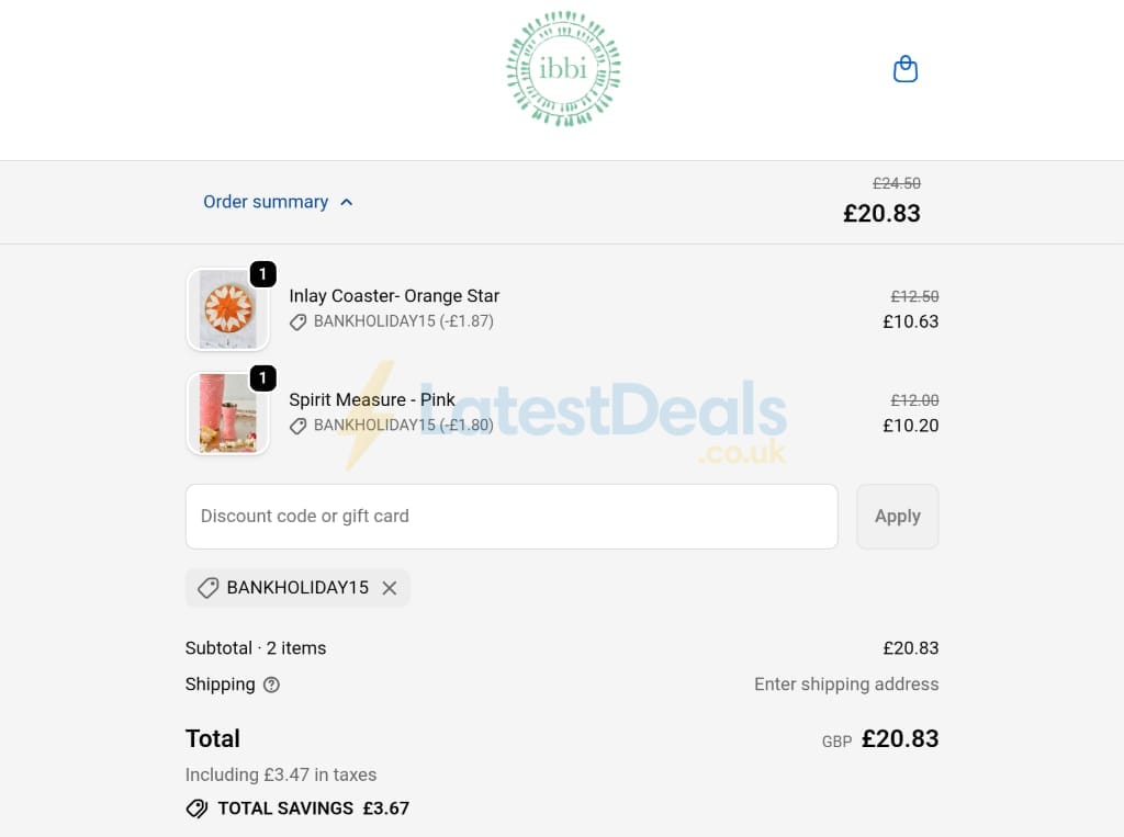 Screenshot of the Ibbi Direct discount code working