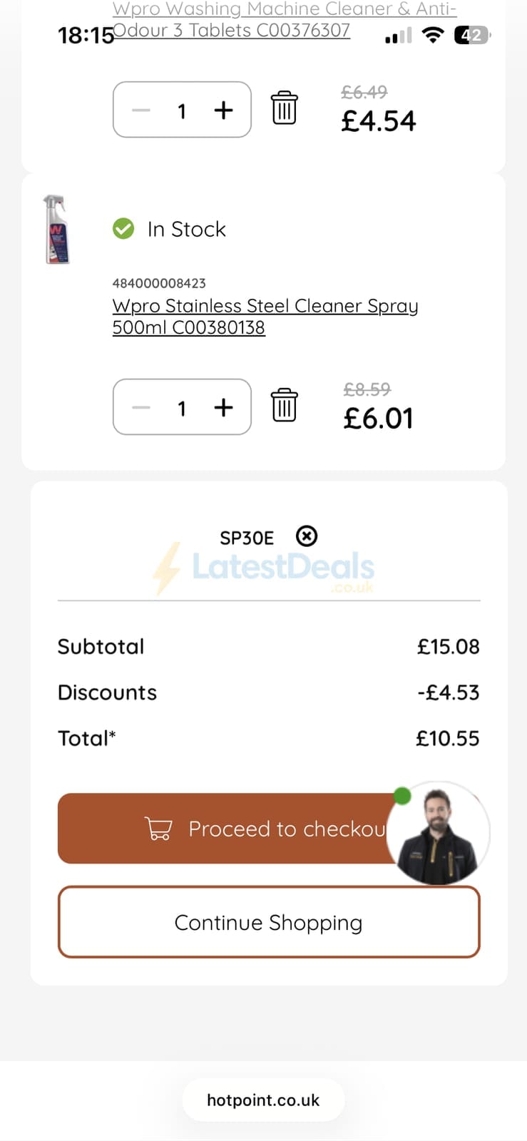 Screenshot of the Hotpoint discount code working