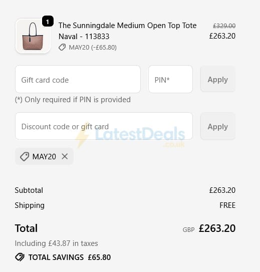 Screenshot of the Radley London discount code working