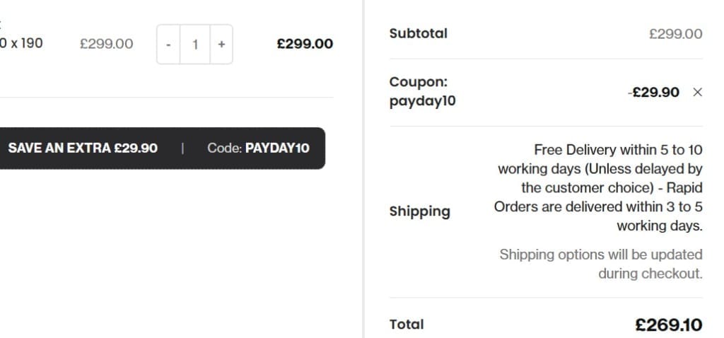 Screenshot of the PSCL Beds discount code working