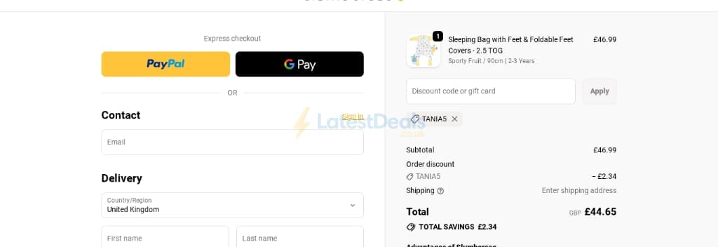 Screenshot of the Slumbersac discount code working