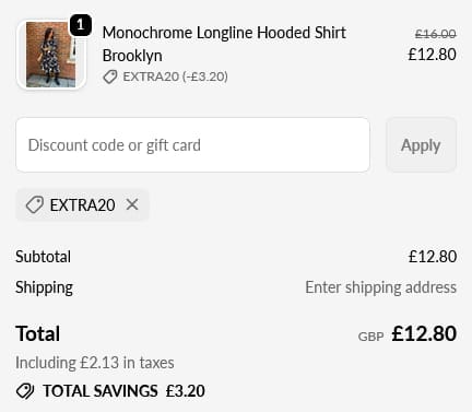 Screenshot of the Tilletts discount code working