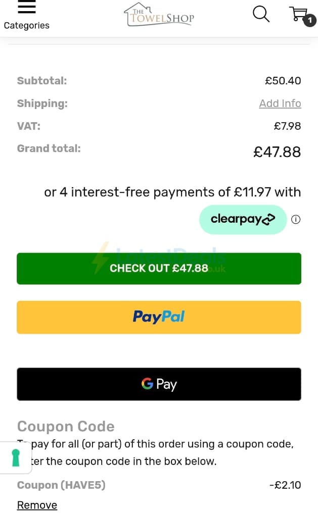 Screenshot of the The Towel Shop discount code working