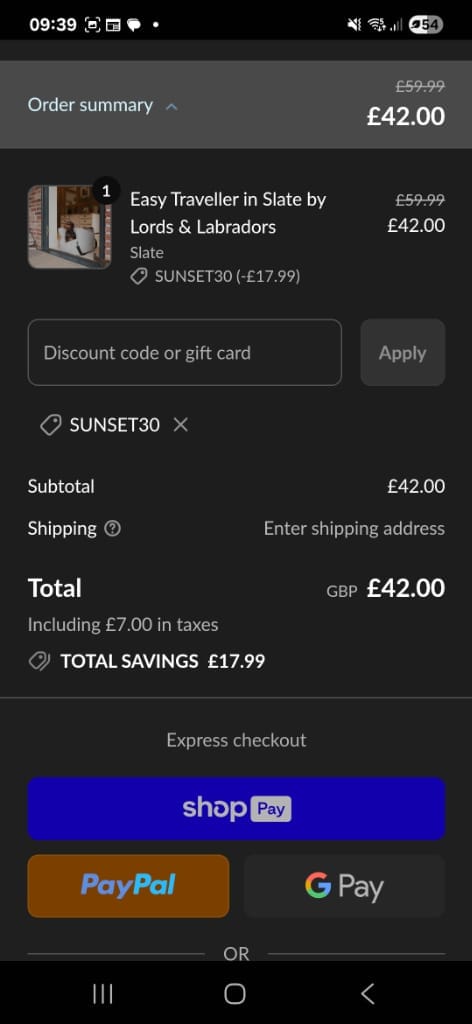 Screenshot of the Lords & Labradors discount code working