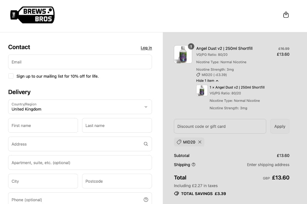 Screenshot of the The Brews Bros discount code working