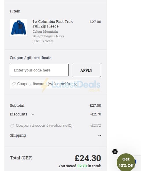 Screenshot of the Little Trekkers discount code working