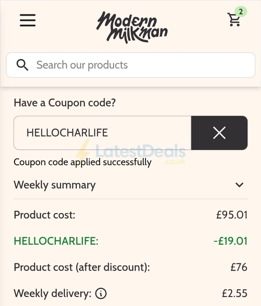 Screenshot of the The Modern Milkman discount code working