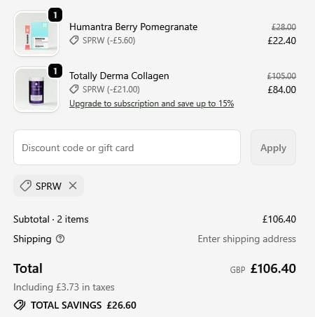 Screenshot of the W-Wellness discount code working