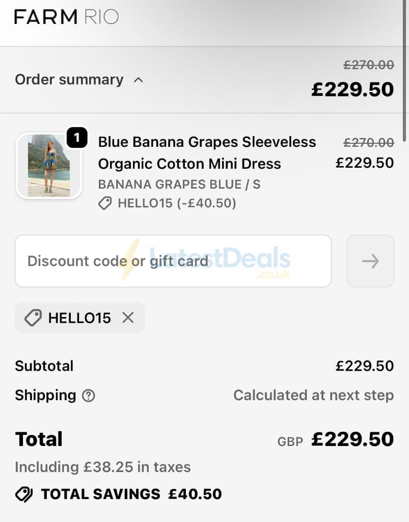 Screenshot of the Farm Rio discount code working