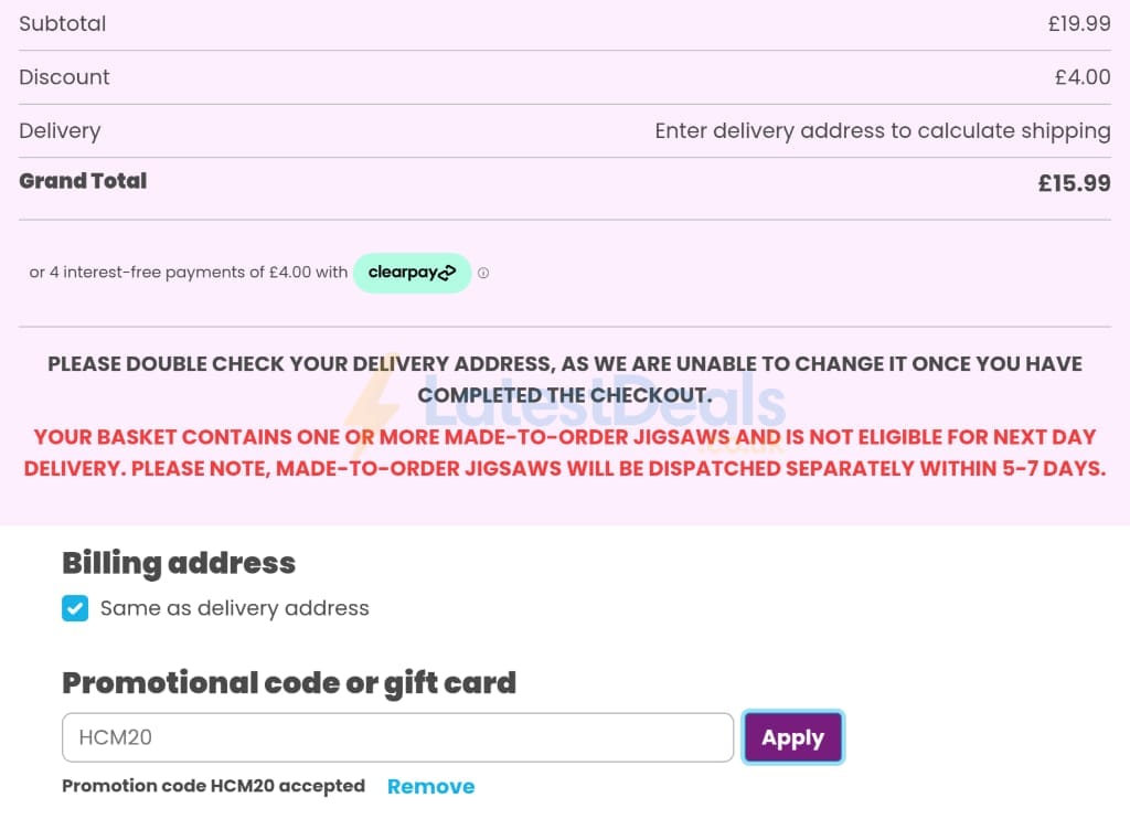 Screenshot of the Happy Puzzle discount code working
