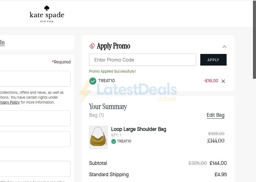 Screenshot of the Kate Spade discount code working