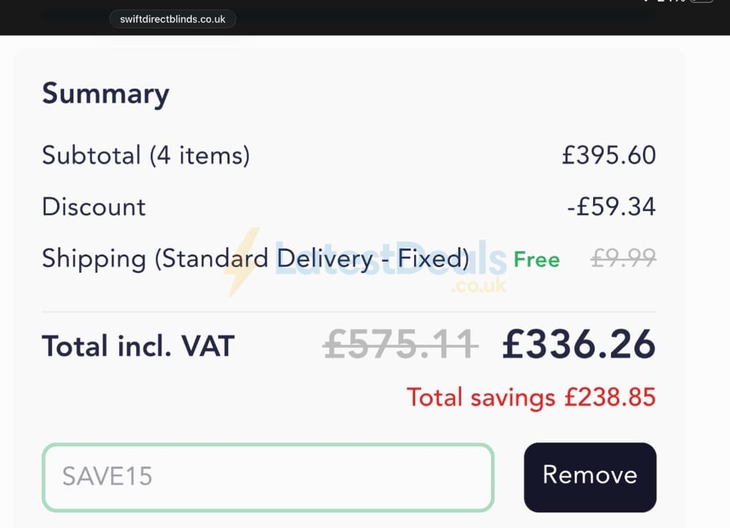Screenshot of the Swift Direct Blinds discount code working