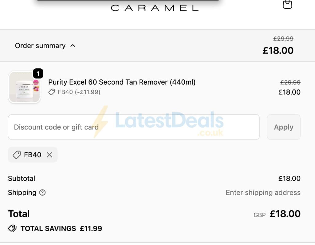 Screenshot of the Rose and Caramel discount code working