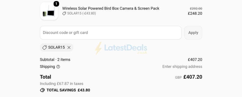 Screenshot of the Green-feathers discount code working