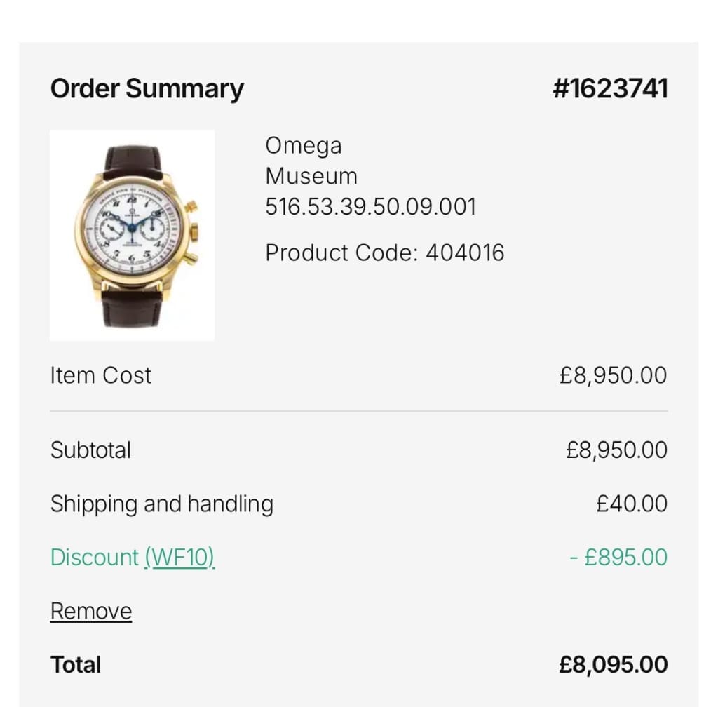 Screenshot of the Watchfinder & Co. discount code working