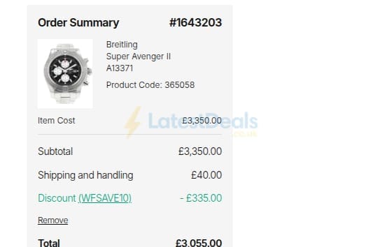 Screenshot of the Watchfinder & Co. discount code working