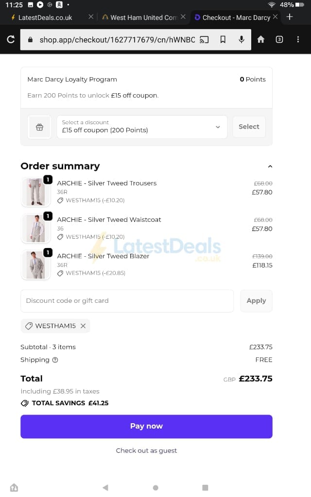 Screenshot of the Marc Darcy discount code working