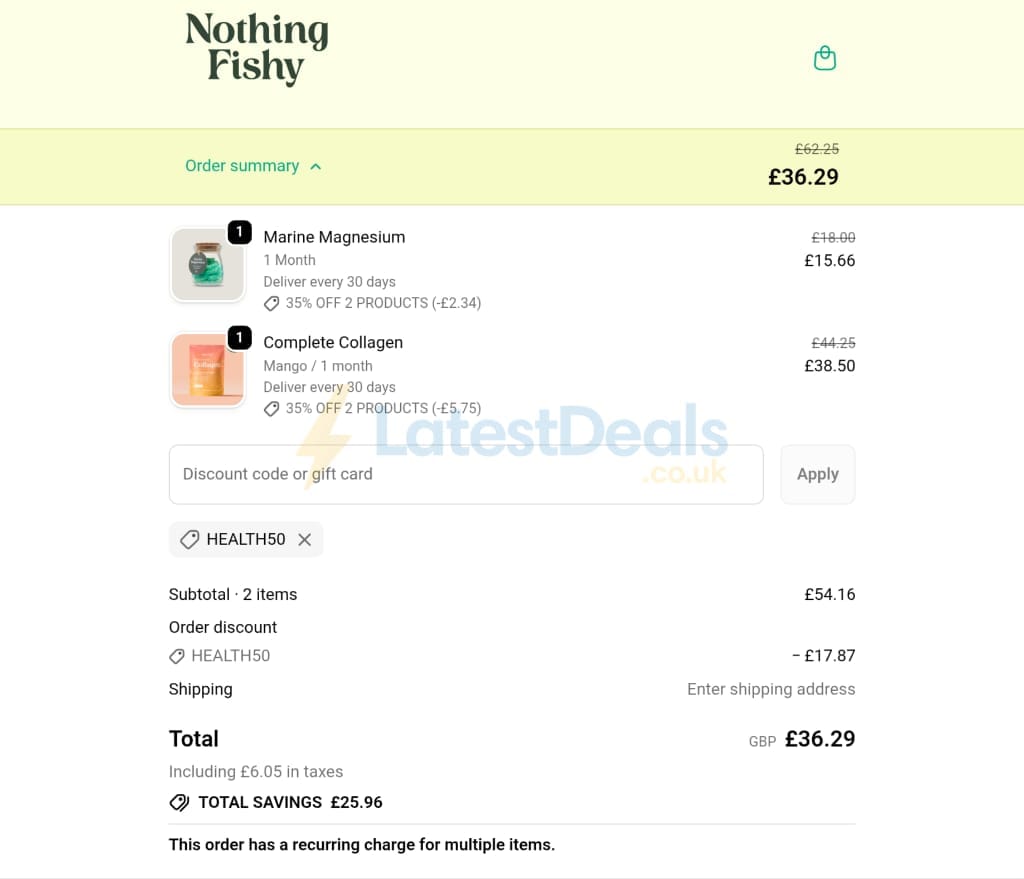 Screenshot of the Nothing Fishy discount code working