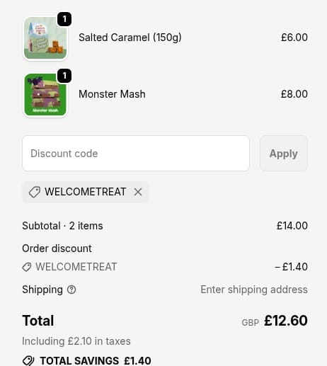 Screenshot of the The Finest Fudge Co. discount code working