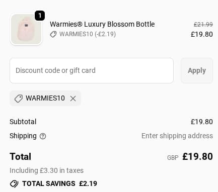 Screenshot of the Warmies discount code working