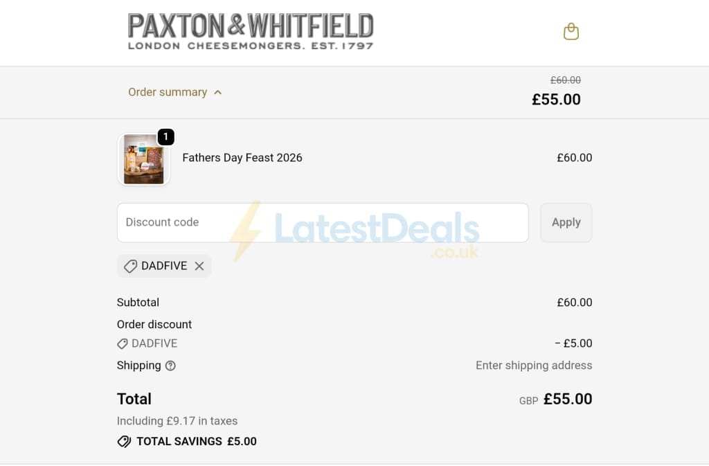 Screenshot of the Paxton & Whitfield discount code working
