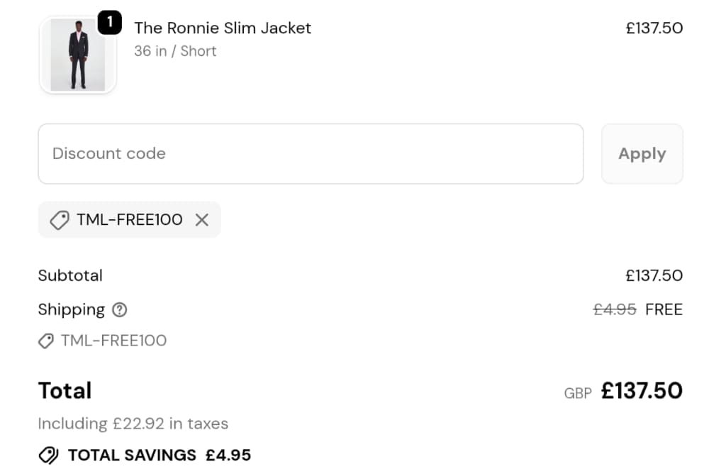 Screenshot of the TM Lewin discount code working
