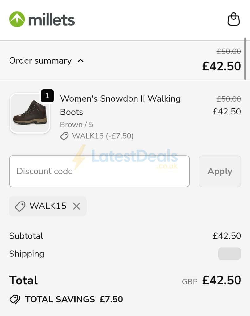 Screenshot of the Millets discount code working