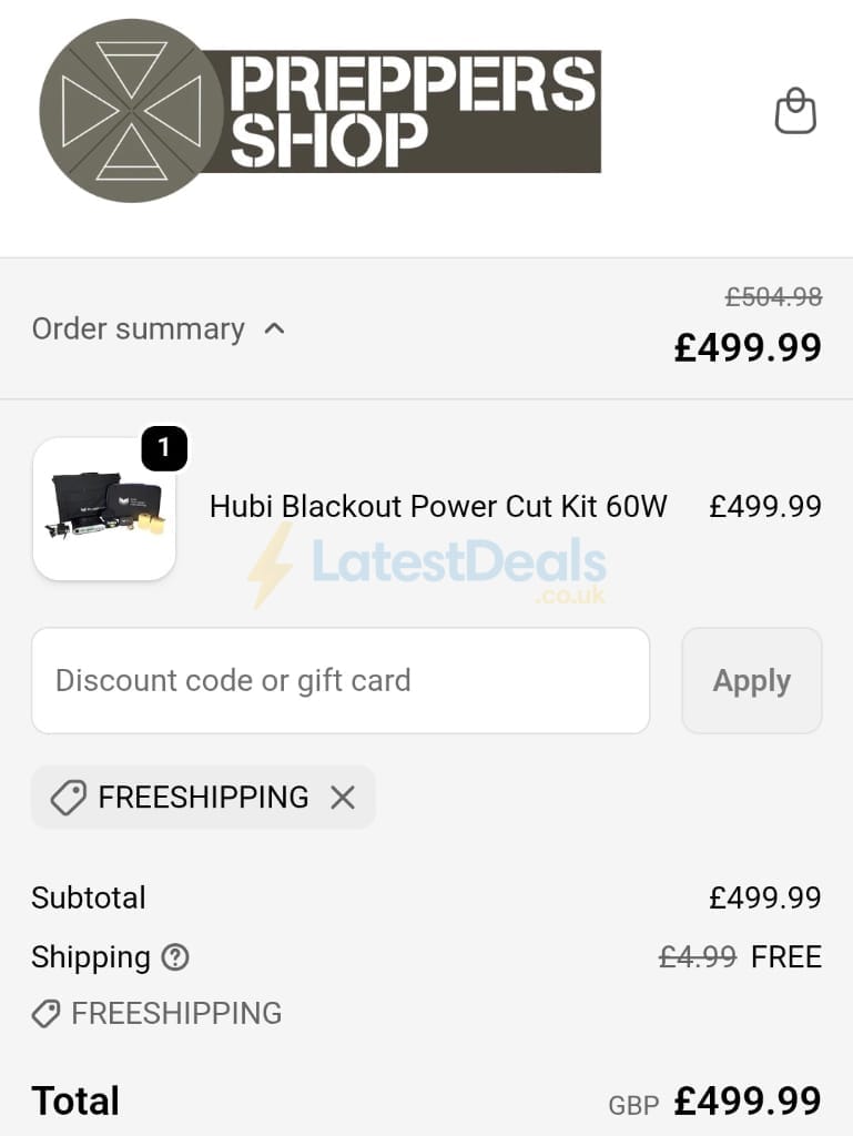 Screenshot of the Preppers Shop discount code working