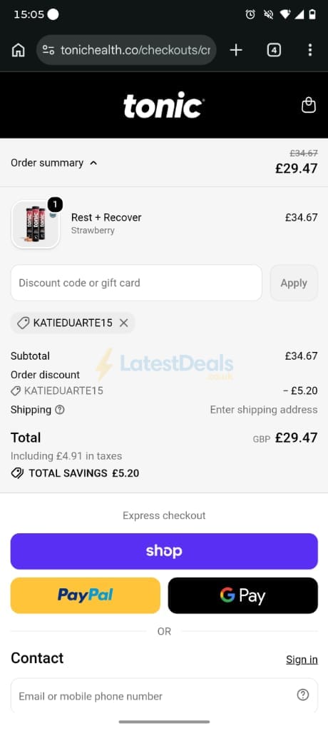 Screenshot of the Tonic Health discount code working