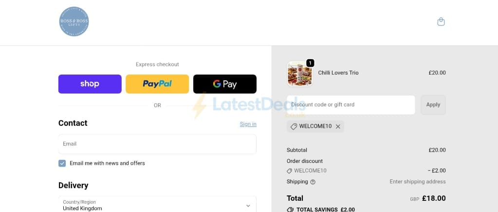 Screenshot of the Ross & Ross Gifts discount code working